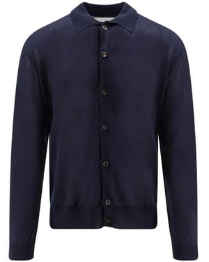 Seven Gauge Button-Fastening Long-Sleeve Cardigan - Blue