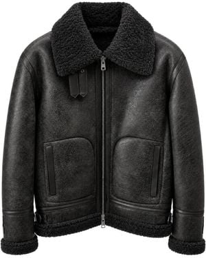 DFOUR® Shearling-Trim Zip-Up Leather Jacket - Black