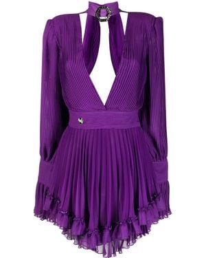 Philipp Plein Plunging V-Neck Pleated Dress - Purple