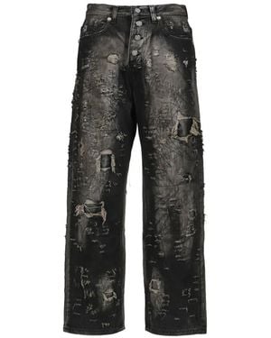 THUG CLUB Hard-Washed Damaged Loose-Fit Jeans - Grey
