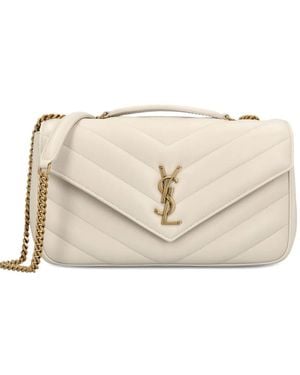 Saint Laurent Medium Loulou Quilted Cassandre Logo Shoulder Bag - Natural