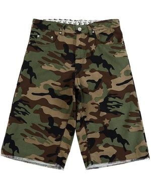 HELLSTAR Camouflage-Print Raw-Edge Shorts - Green