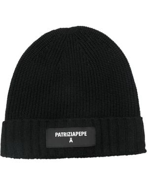 Patrizia Pepe Logo-Appliqué Ribbed-Knit Beanie - Black
