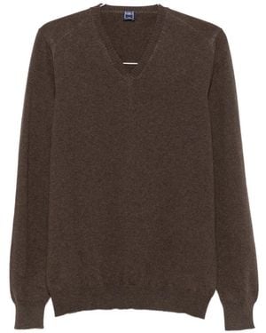 Fedeli V-Neck Ribbed-Trim Jumper - Brown