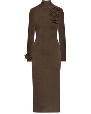 Oscar de la Renta Appliqued-Flower Mock-Neck Midi Dress - Brown