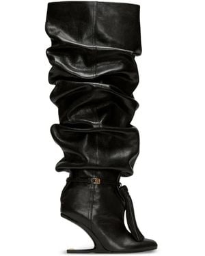 Balmain No Wedge Textured Leather Thigh-High Boots With Tassel - Black