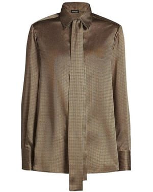 Kiton Micro-Pattern Pussy-Bow Shirt - Brown