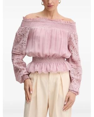 Guess Lace-Sleeves Smocked Blouse - Pink