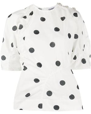 Ganni Polka-Dot Gathered Blouse - White