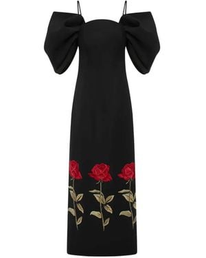LEO LIN Arabella Puff-Sleeve Floral Midi Dress - Black