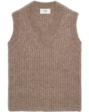Ami Paris Sleeveless Rib-Knit Vest - Brown