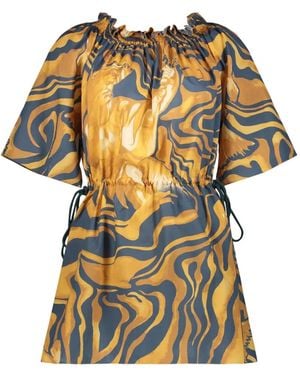 Alberta Ferretti Abstract-Print Drawstring-Waist Mini Dress - Yellow