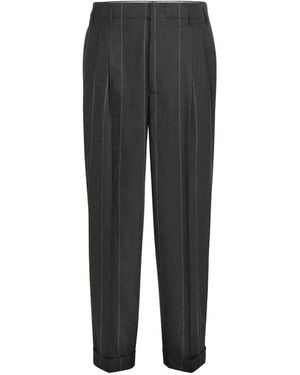 Brunello Cucinelli Wool, Silk And Cashmere Chalk Stripe Flannel Trousers With Double Pleats - Black