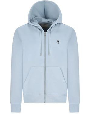 Ami Paris Heart-Logo Zip-Up Hoodie - Blue