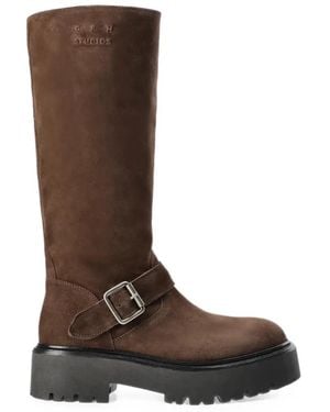 COPENHAGEN Chunky Biker Buckle-Strap Chunky-Sole Boots - Brown
