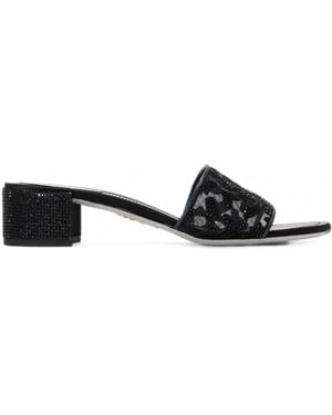 Rene Caovilla Sandales À Talon Épais Allure À Motif Léopard Et Ornements Strassés - Black