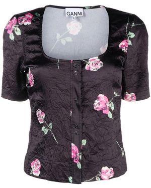 Ganni Floral-Print Crinkled Satin Blouse - Black
