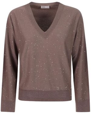 Herno Sequin-Embellished V-Neck Sweater - Brown