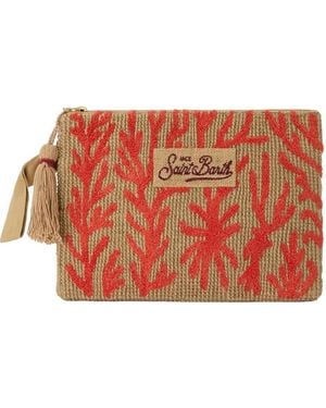 MC2 Saint Barth Coral-Embroidered Jute Clutch Bag