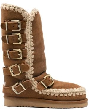 Mou Eskimo Buckle-Detail Crochet-Trim Boots - Brown