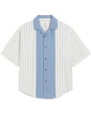Ami Paris Vertical Stripe Short Sleeve Shirt With Logo Patch - Blue
