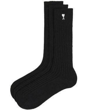 Ami Paris Ribbed Detail Socks (Set Of Three) - Black
