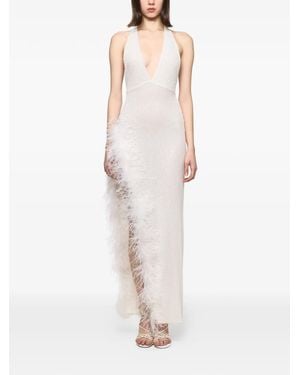 Atu Body Couture Feather-Trimmed V-Neck Maxi Dress - White