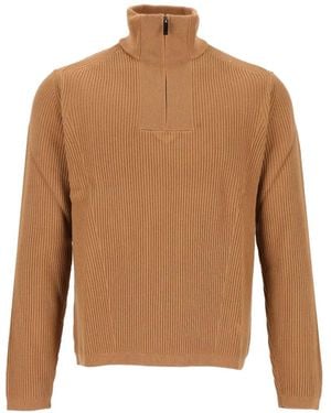 Emporio Armani Ribbed-Knit Quarter-Zip Jumper - Brown