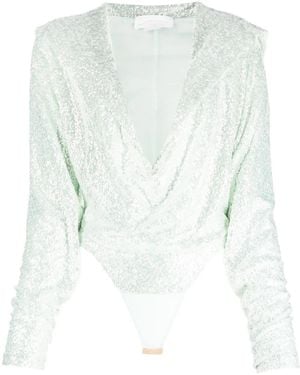 Genny Sequin-Embellished Long-Sleeve Bodysuit - White