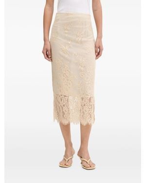 ViCOLO Lace-Overlay Side-Slit Midi Skirt - Natural