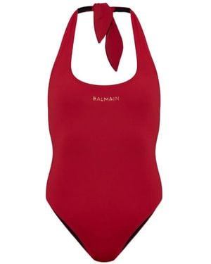 Balmain Halterneck Logo-Embellished Swimsuit - Red