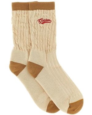 Golden Goose Ribbed Socks With Details And Embroidered Logo - Natural