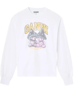 Ganni Long-Sleeve T-Shirt With Mushroom Teddy - White