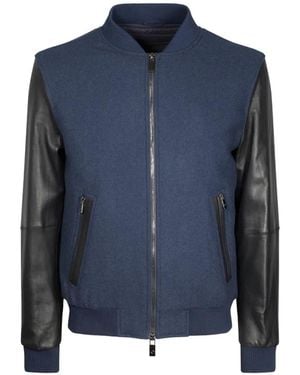 Pal Zileri Zip-Up Leather-Sleeve Bomber Jacket - Blue