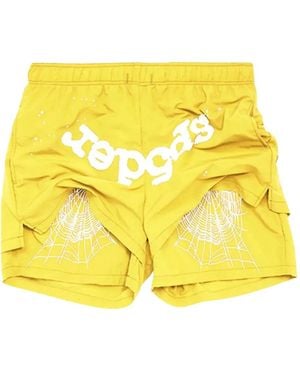 Sp5der Logo-Print Spider-Web Track Shorts - Yellow