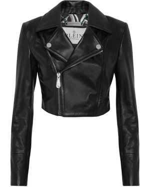 Philipp Plein Flame Racing Leather Jacket - Black