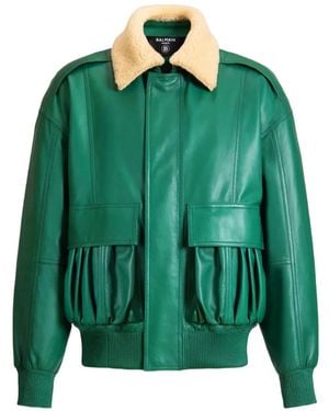 Balmain Shearling Leather Bomber Jacket - Green