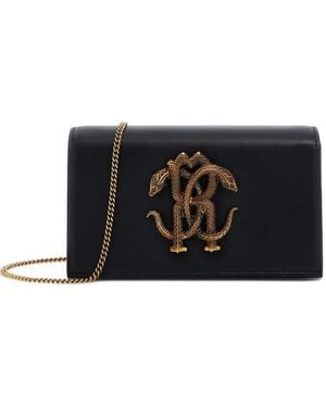 Roberto Cavalli Mirror Snake Metallic-Logo Shoulder Bag - Black