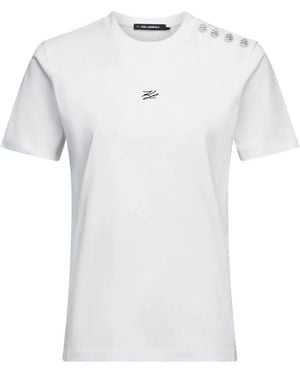 KARL LAGERFELD Button-Detail Logo-Embroidered T-Shirt - White