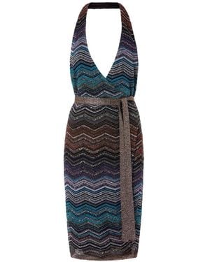 Missoni Halterneck Chevron-Pattern Midi Dress - Blue