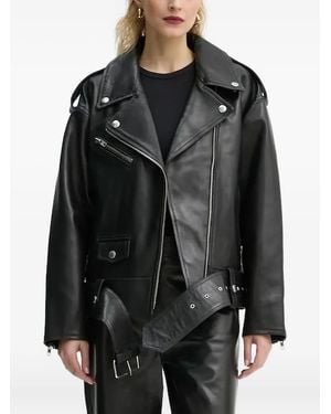 Stand Studio Belted Zip-Front Leather Jacket - Black