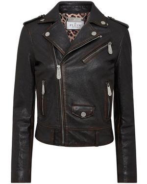 Philipp Plein Logo-Patch Leather Biker Jacket - Black