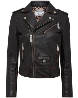 Philipp Plein Logo-Patch Leather Biker Jacket - Black