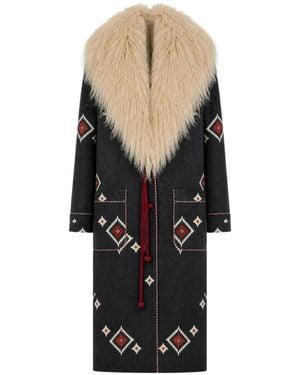 Fortela Shearling-Collar Geometric-Print Coat - Black