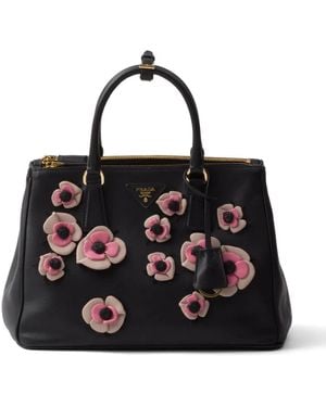 Prada Borsa Galleria Grande Con Applicazioni A Fiori - Nero