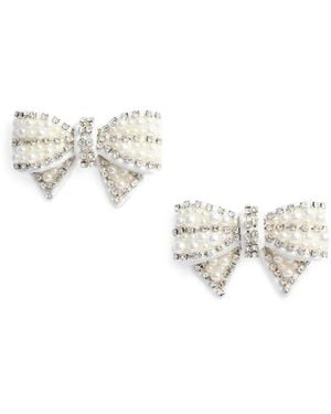 Self-Portrait Pearl-Embellished Satin Bow Earrings - White