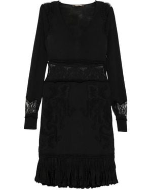 Roberto Cavalli Lace-Panelled Ruffled Dress - Black