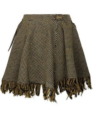 Ganni Houndstooth-Pattern Fringed Skirt - Green