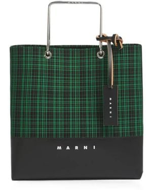 Marni Checked Twill Shopper With Metal Handles - Green