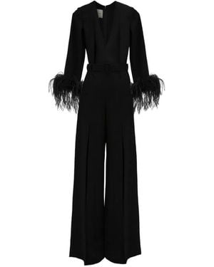 Gemy Maalouf Feather-Trim V-Neckline Jumpsuit - Black